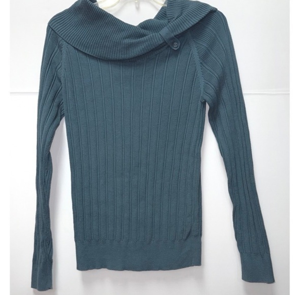JEANNE PIERRE Blue Ribbed Cotton Cowl Neck LongSleeve Sweater Women L Y2K Preppy